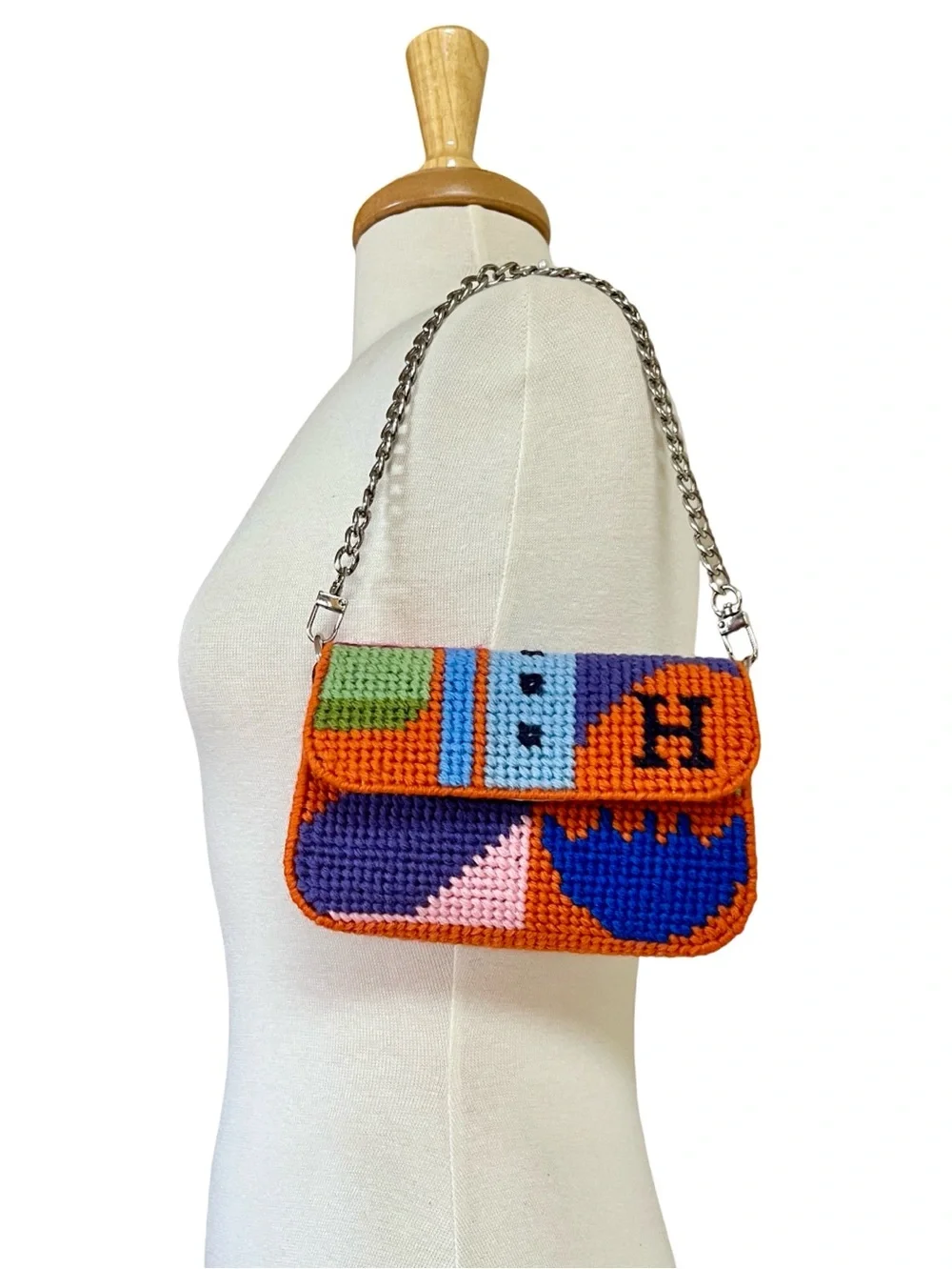 Needlepoint Mini Baguette Bag Equestrian Theme Clutch with Silver Chain Strap
